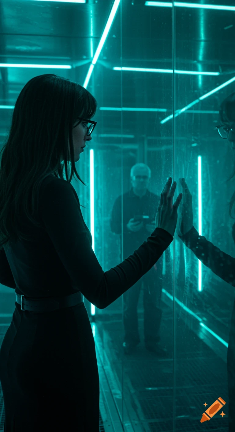 Photorealistic cinematic image of a woman with black glasses touching a glass wall in a green-blue lit corridor, with a man reflected behind her.