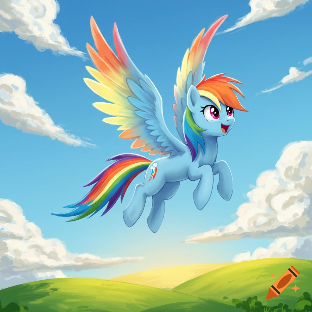 A light blue pegasus pony with a rainbow mane and tail, Rainbow Dash, flies joyfully against a bright blue sky with clouds over green hills.