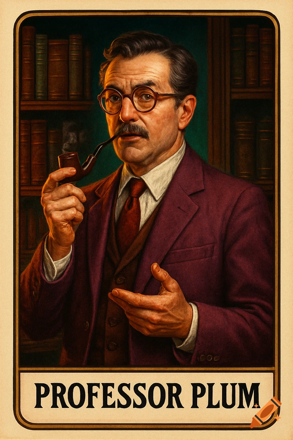 Illustration of Professor Plum, a man with a mustache and glasses, holding a pipe, in a room with bookshelves.