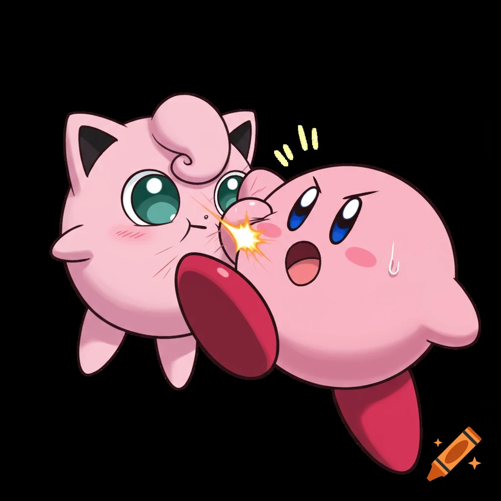 Anime-style cartoon of pink Jigglypuff kicking pink Kirby in the face on a black background.