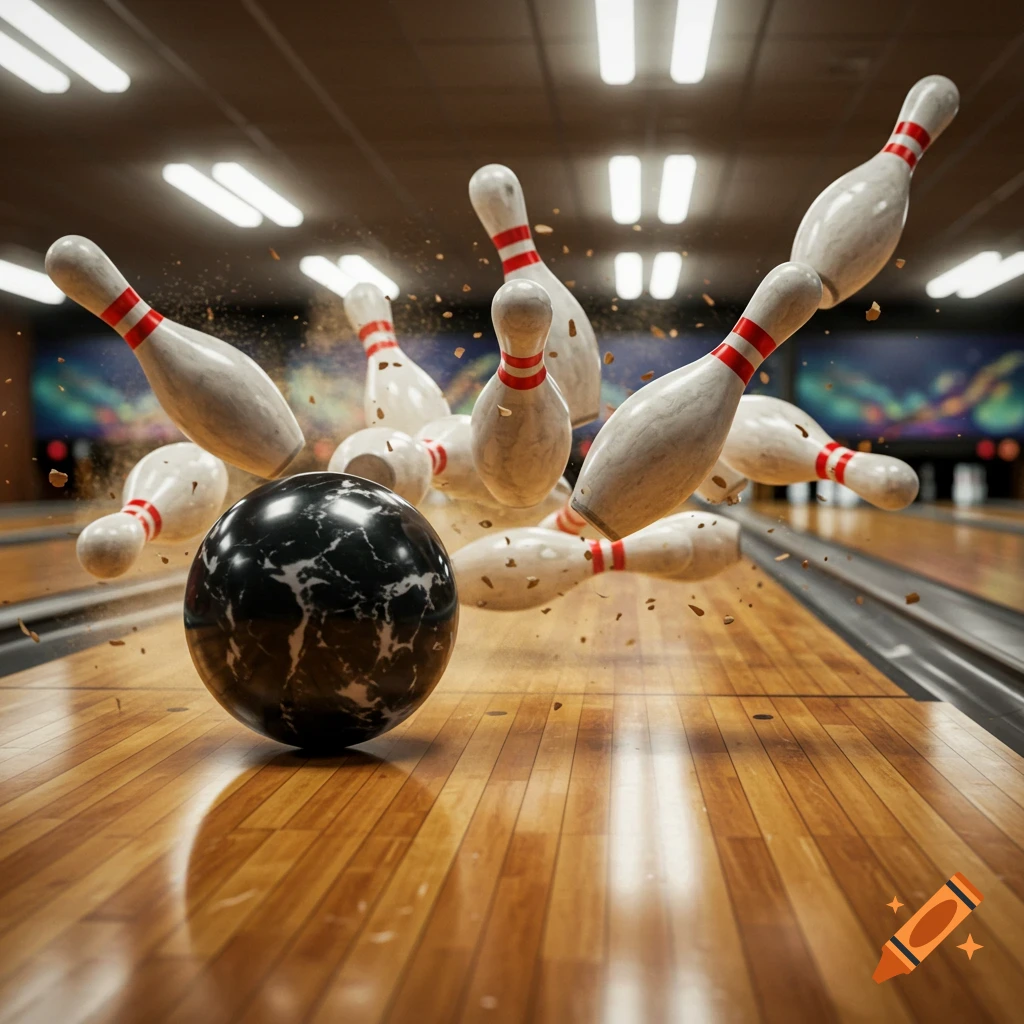 Photorealistic close-up of a black bowling ball hitting several white pins, sending them flying with debris on a wooden alley.