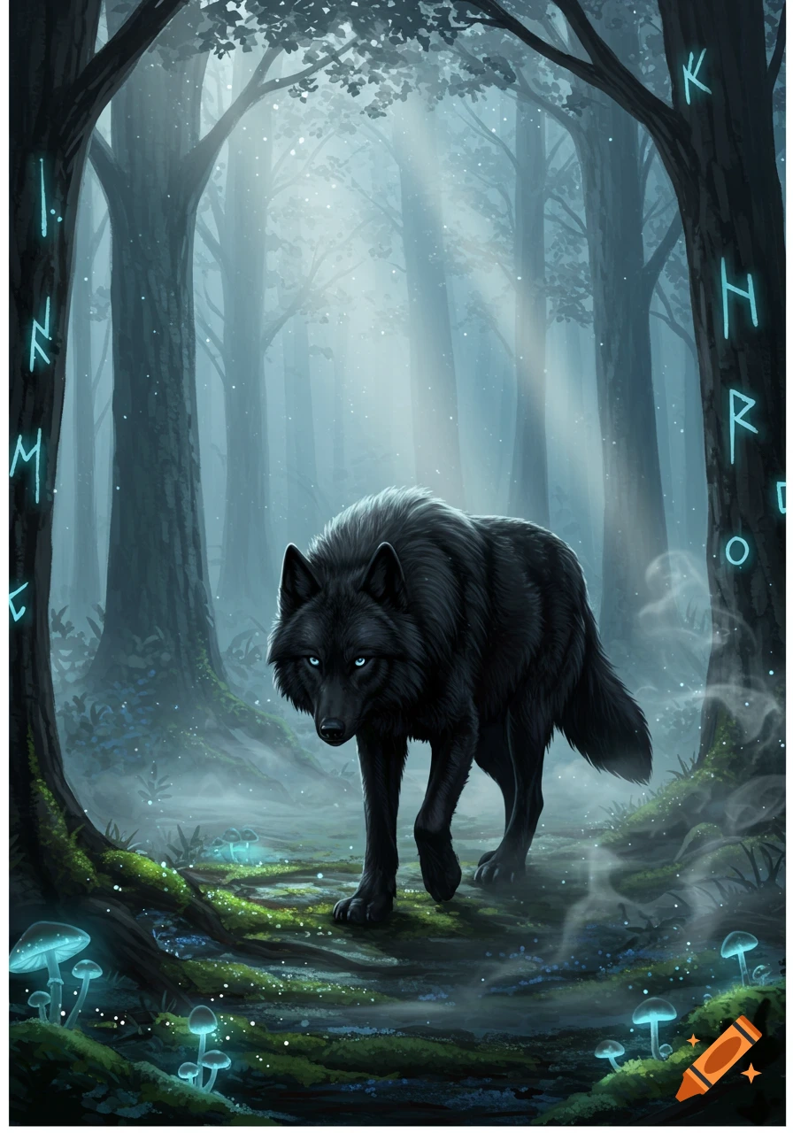 A black wolf with glowing blue eyes stands in a magical, misty forest with luminous blue mushrooms and mystical runes on the trees.