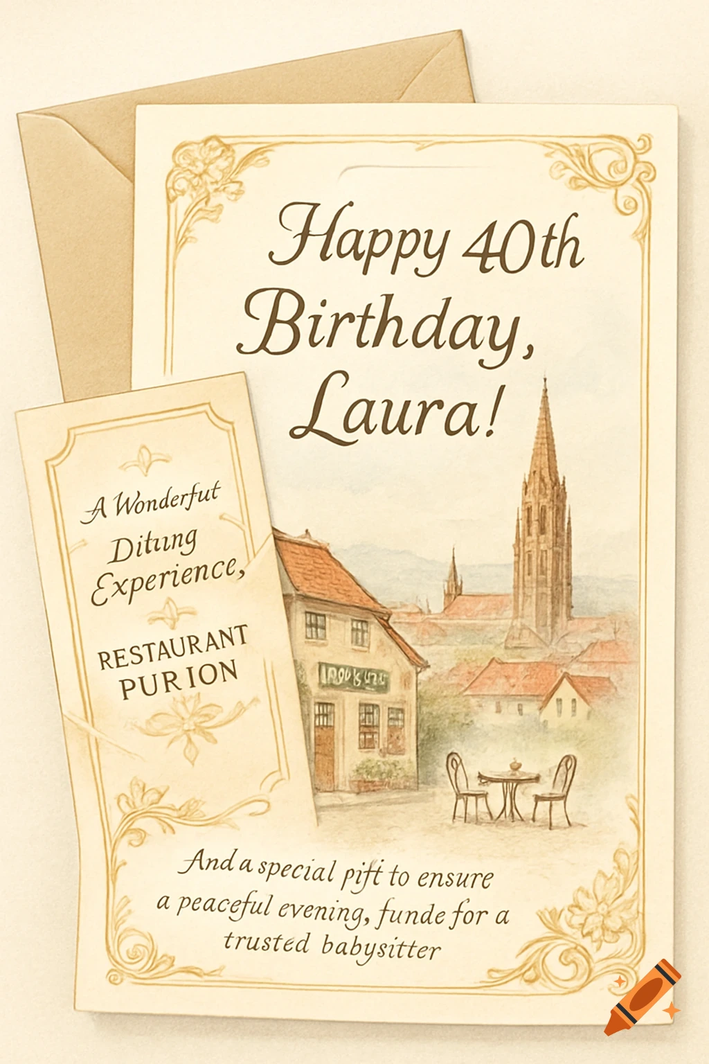 An illustrated birthday card for Laura's 40th, with a pop-out voucher for Restaurant Purion and text about babysitter funds, in a watercolor style.