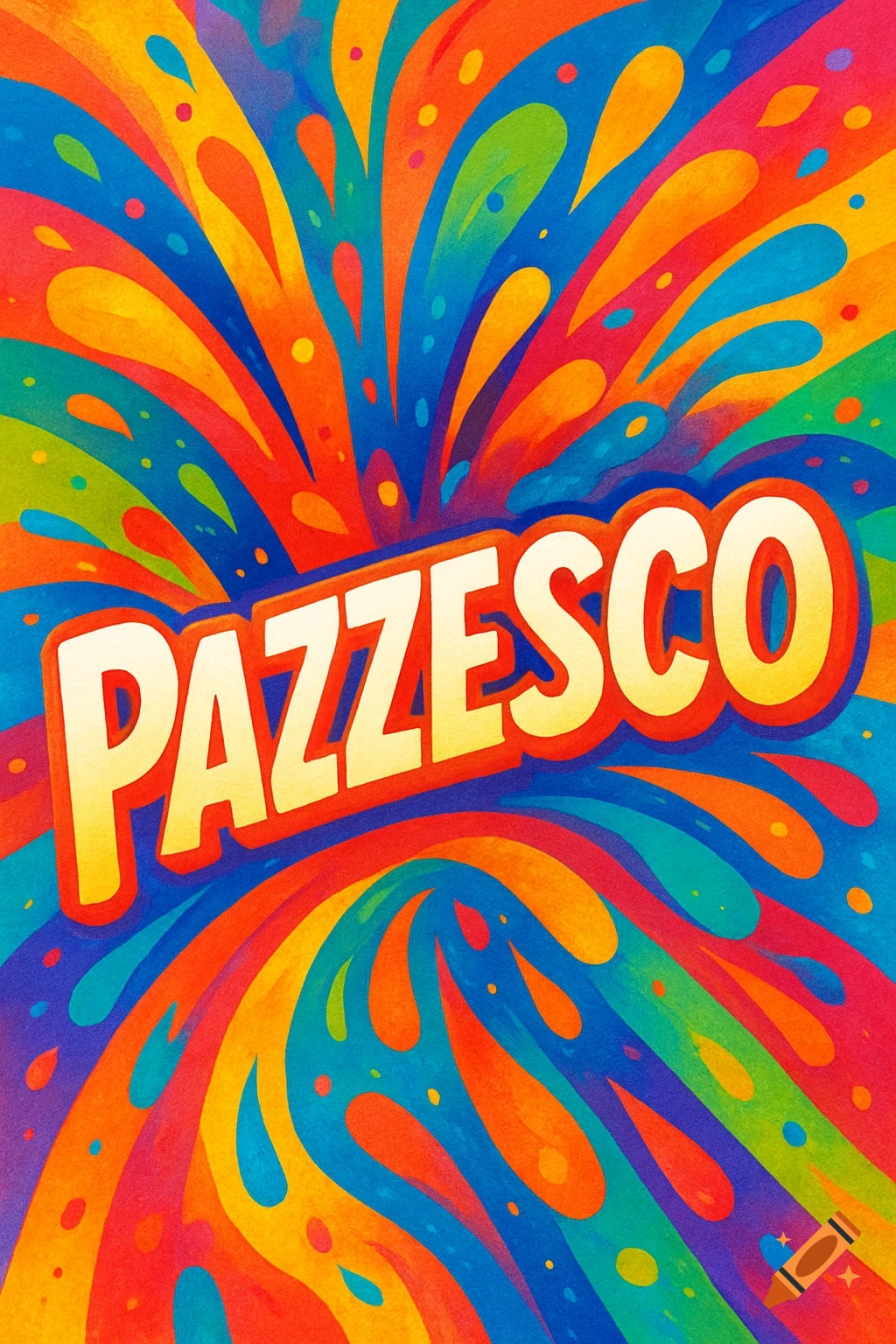 The word "PAZZESCO" in a bold, yellow, and red outlined font, centered on an explosion of vibrant, rainbow-colored, abstract paint splashes.