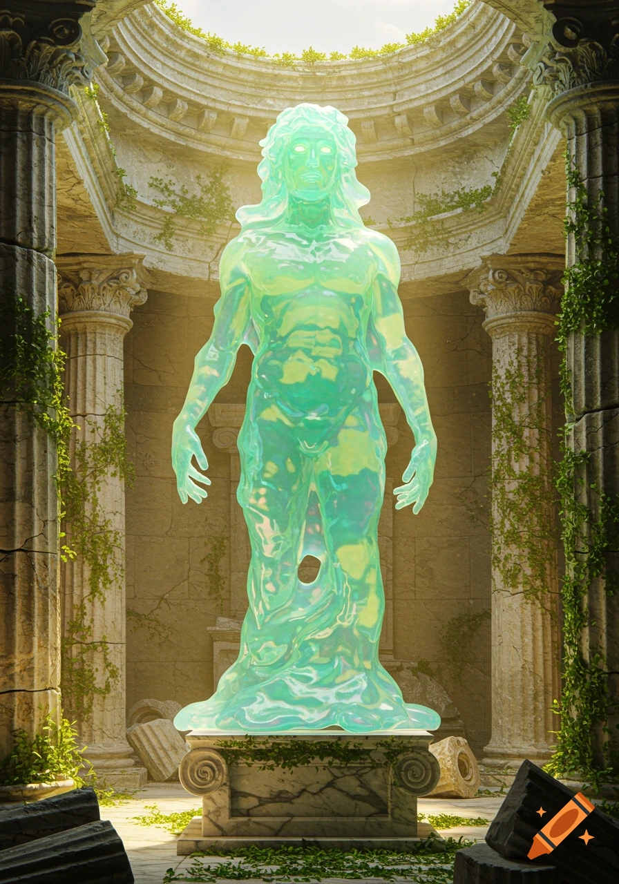 A translucent, glowing green slime figure, resembling a muscular Greek god, stands on a pedestal in ancient, overgrown ruins under a bright sky.