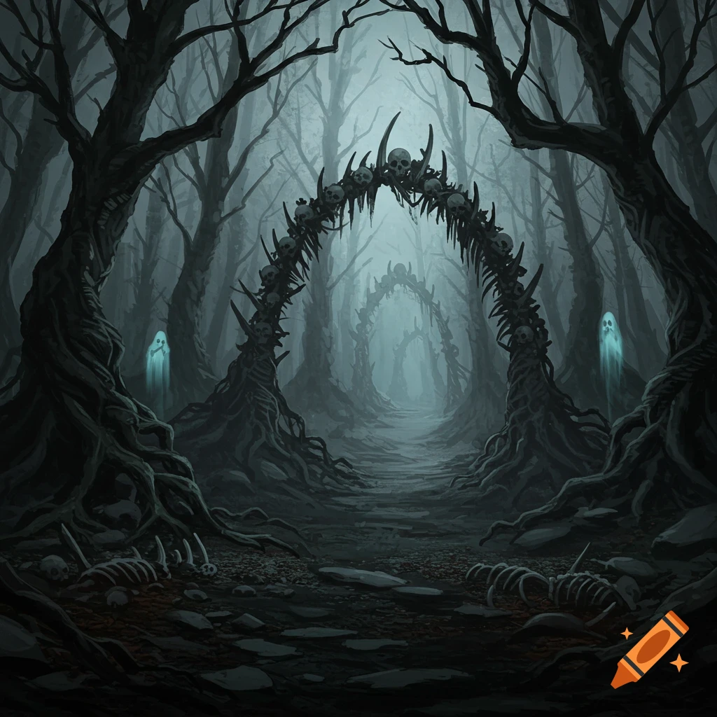 A dark, misty forest path with an archway of bones and skulls, skeletons on the ground, and two glowing ghosts. Stylized digital art.