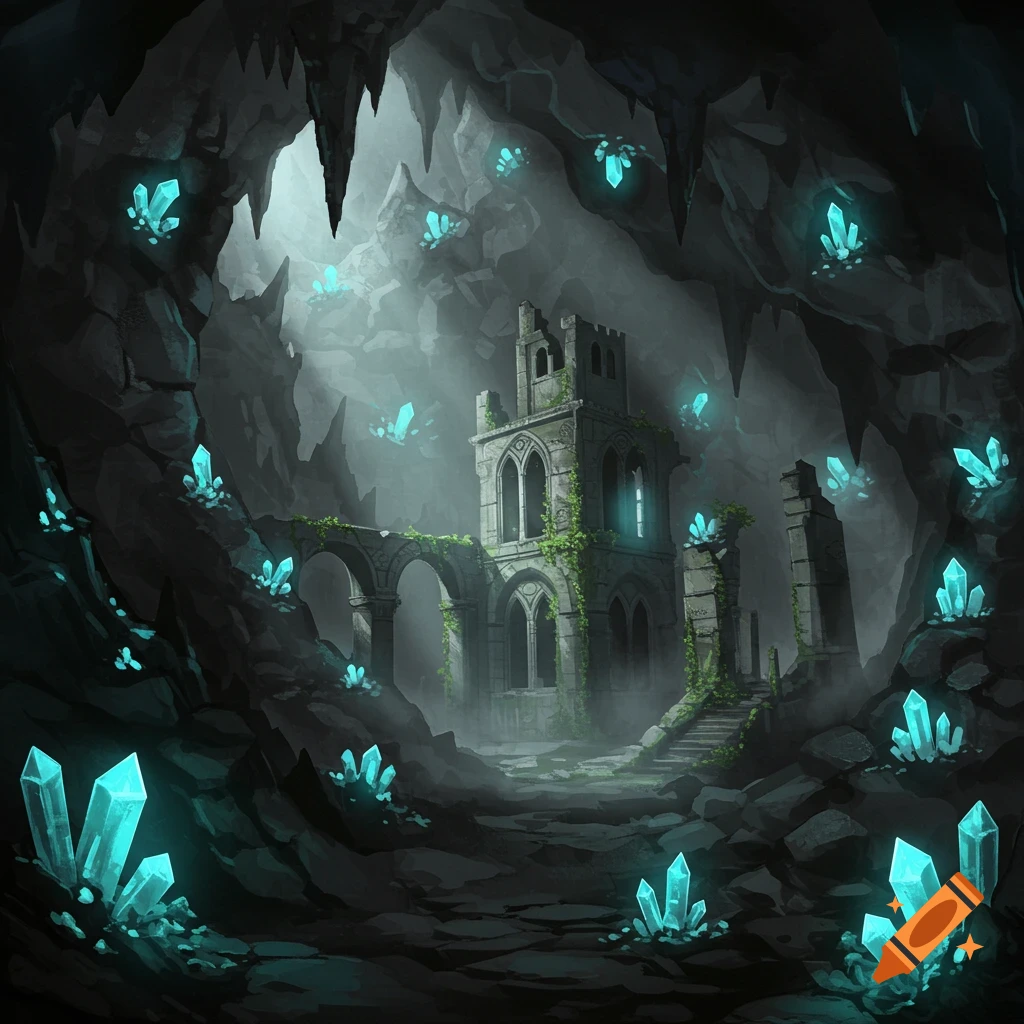 Dark, misty cave with glowing blue crystals surrounding the crumbling stone ruins of a castle.