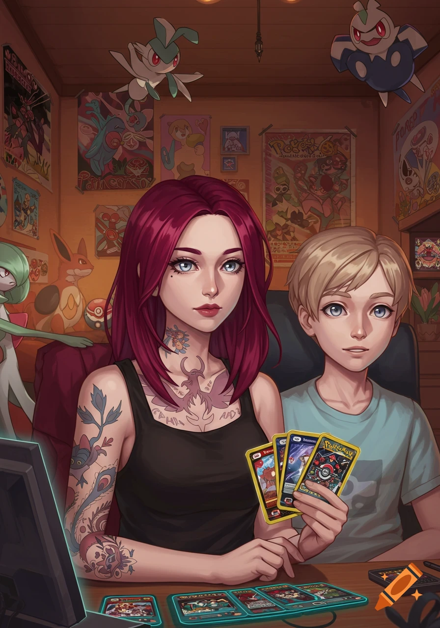 An anime-style illustration of a woman with red hair and tattoos, and a boy with blonde hair, playing a Pokemon card game in a room filled with Pokemon posters.