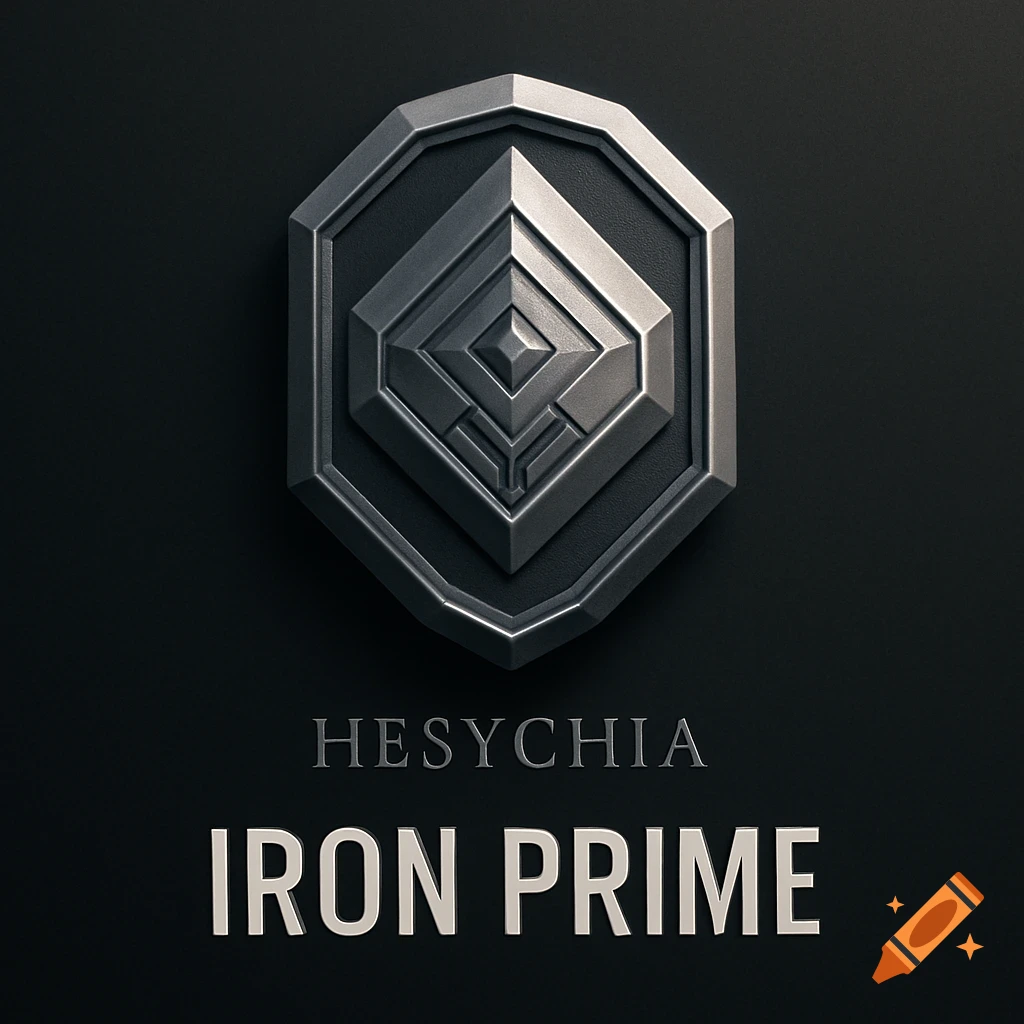 Metallic octagonal emblem with geometric layers, and the text 'HESYCHIA IRON PRIME' on a dark background.