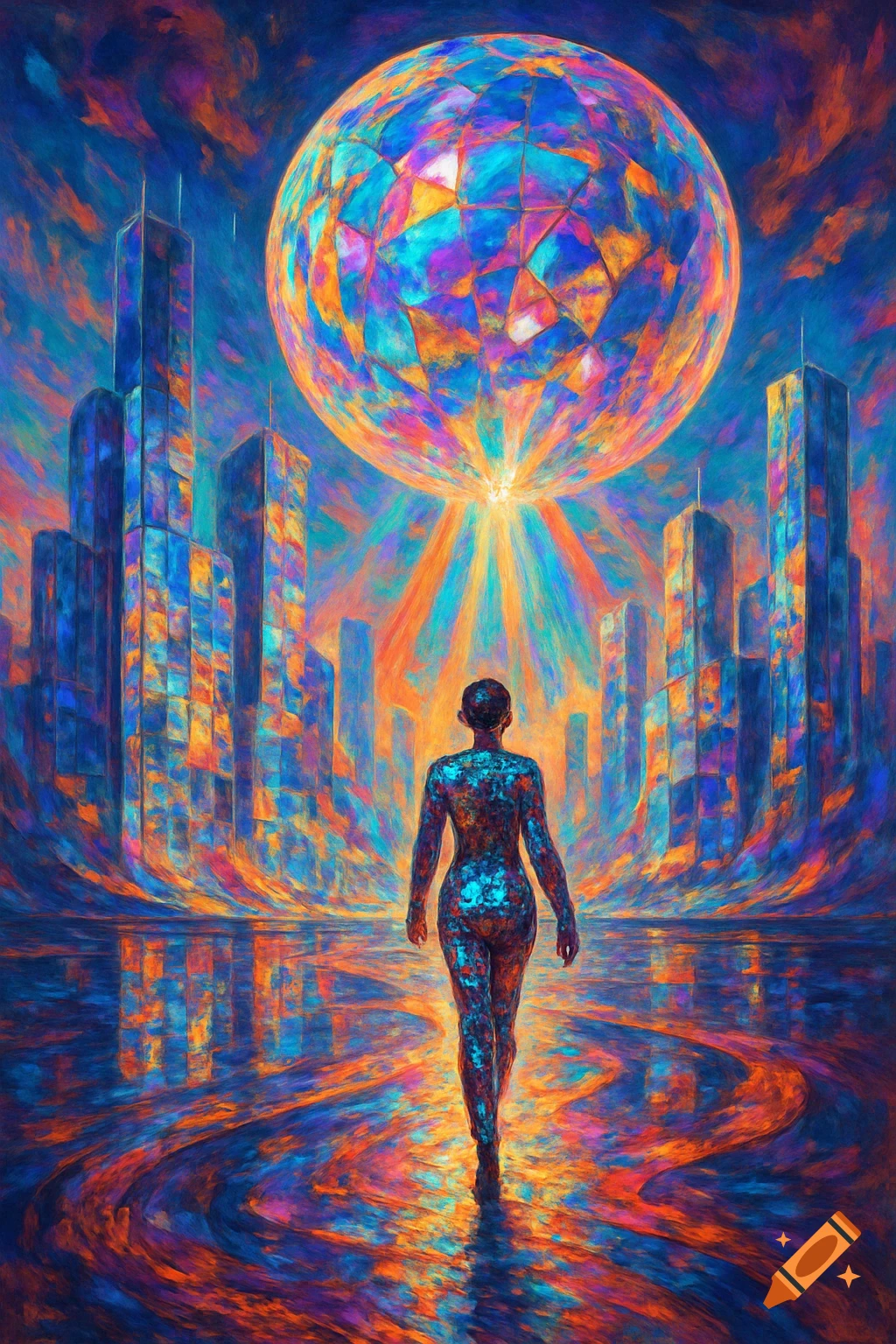 A vibrant, abstract painting of a person walking through a colorful cityscape under a large, glowing, faceted orb.