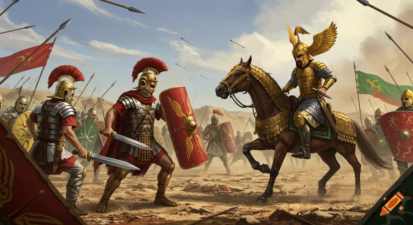 Roman legionaries and a winged-helmet Sasanian cavalry commander clash on a desert battlefield, spears flying.