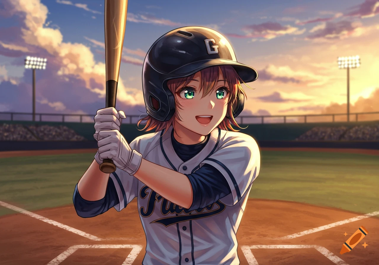Anime girl batting in a baseball uniform on a field at sunset.