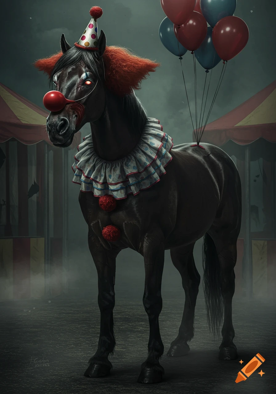 A dark horse dressed as a creepy clown with glowing red eyes, red pom-poms, a ruffled collar, and a party hat, holding balloons in a foggy circus setting.