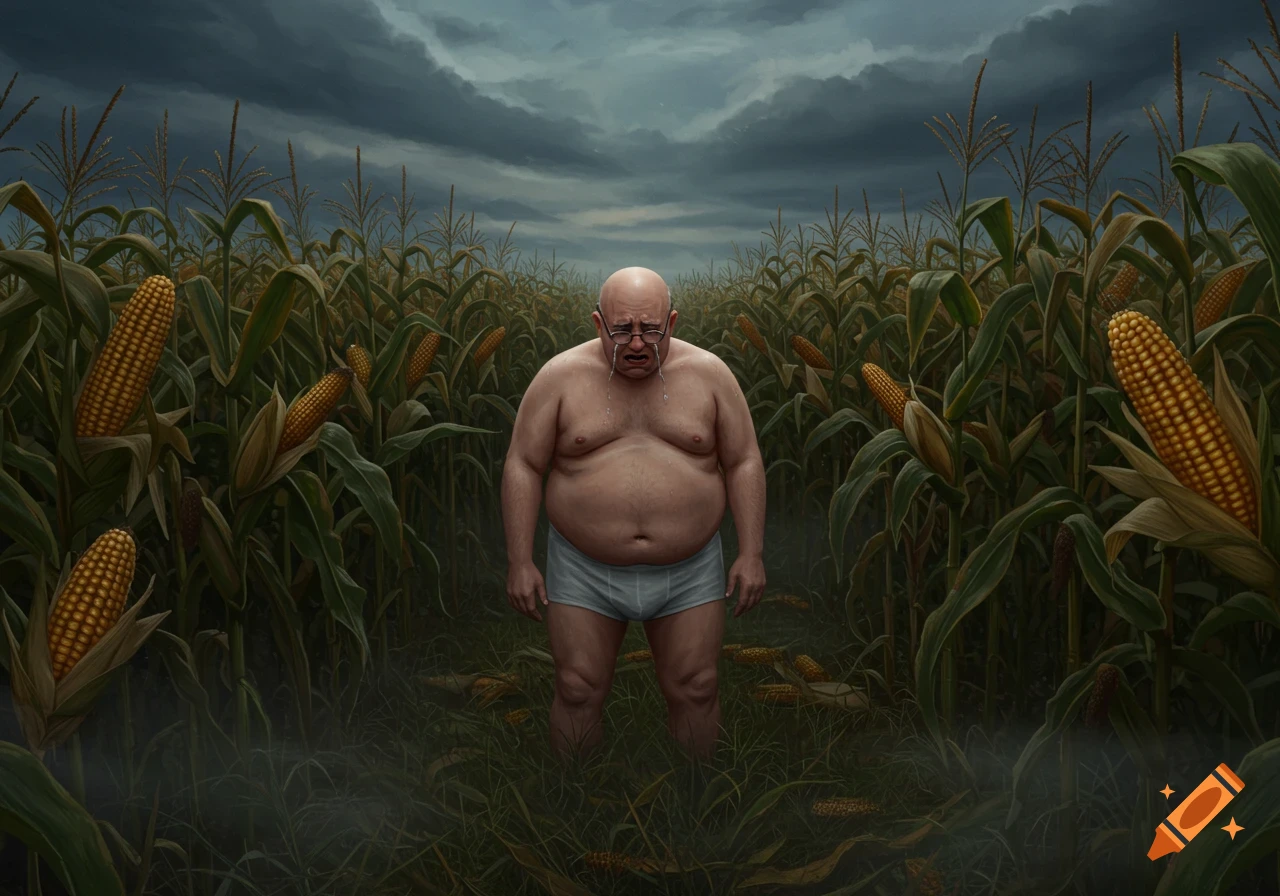 Overweight bald man in glasses and boxer briefs, crying amidst a tall cornfield under a dark, cloudy sky. Digital art.