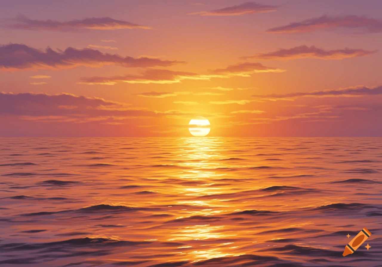 A vibrant golden orange sunset over the vast ocean, with the sun's reflection shimmering on calm waves under a colorful sky.