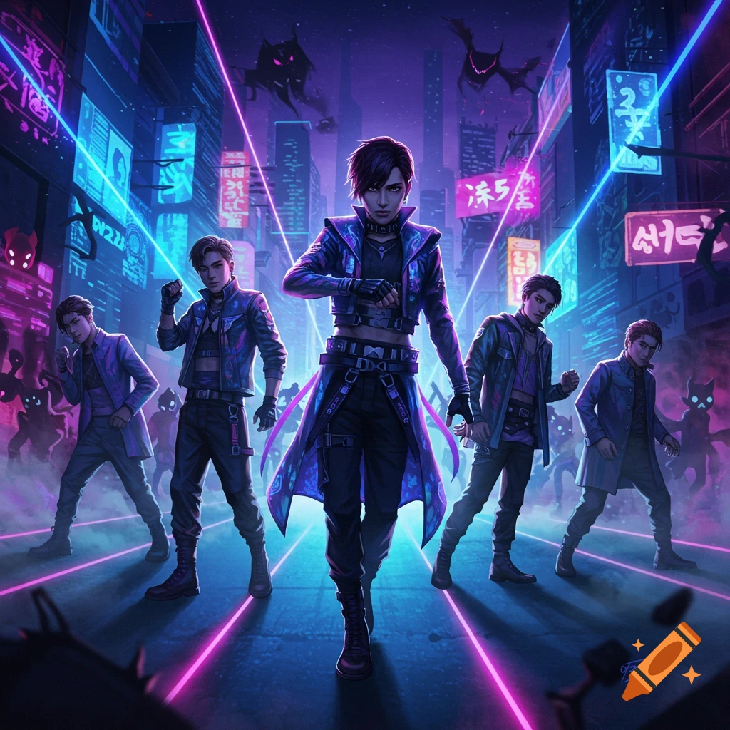 A group of male demon hunters in a neon-lit cyberpunk city, with glowing pink and blue lights. Shadowy demons lurk in the background.