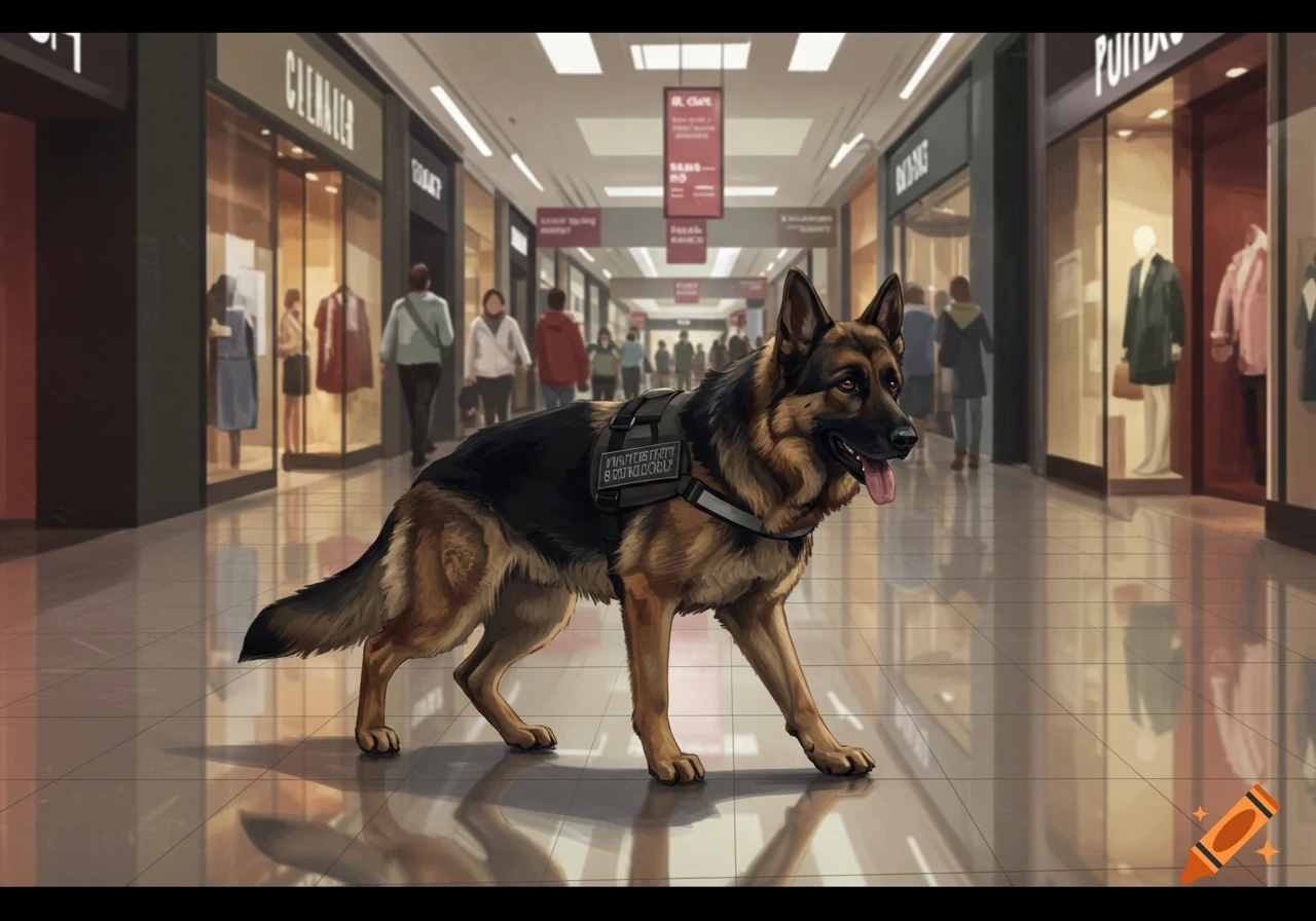A photorealistic German Shepherd service dog wearing a vest walks through a brightly lit shopping mall.