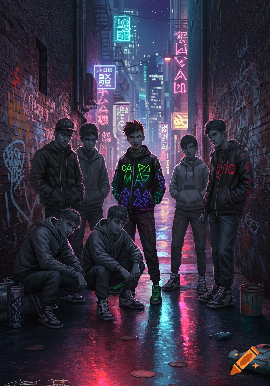 A group of young men standing and crouching in a dark, neon-lit urban alleyway with graffiti, reflecting on wet ground, in a cyberpunk style illustration.