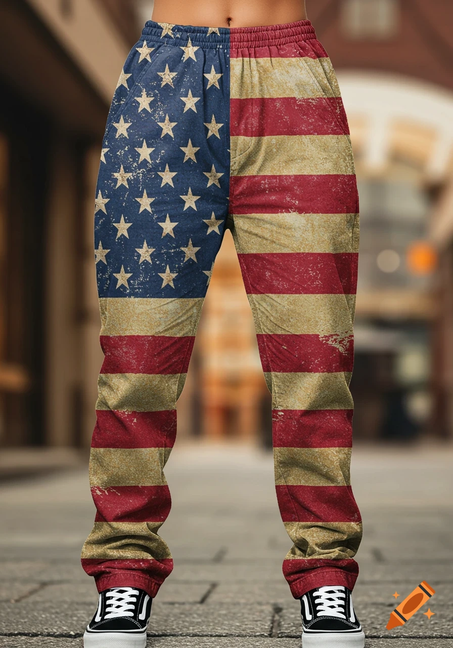 A person stands in baggy pants with a distressed, yellow-tinted American flag design, paired with black and white sneakers.