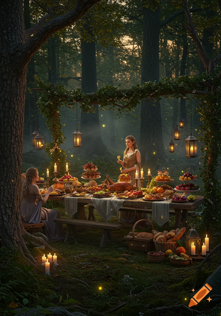 Two women at a lavish fantasy feast in an enchanted forest, illuminated by hanging lanterns, candles, and fireflies.