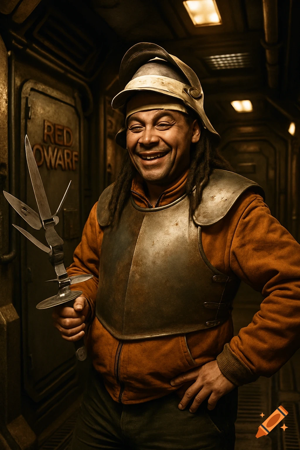 A smiling man with dreadlocks wears a medieval helmet, rusty armor over an orange jacket, holding a comical kitchen utensil sword in a dark spaceship corridor.