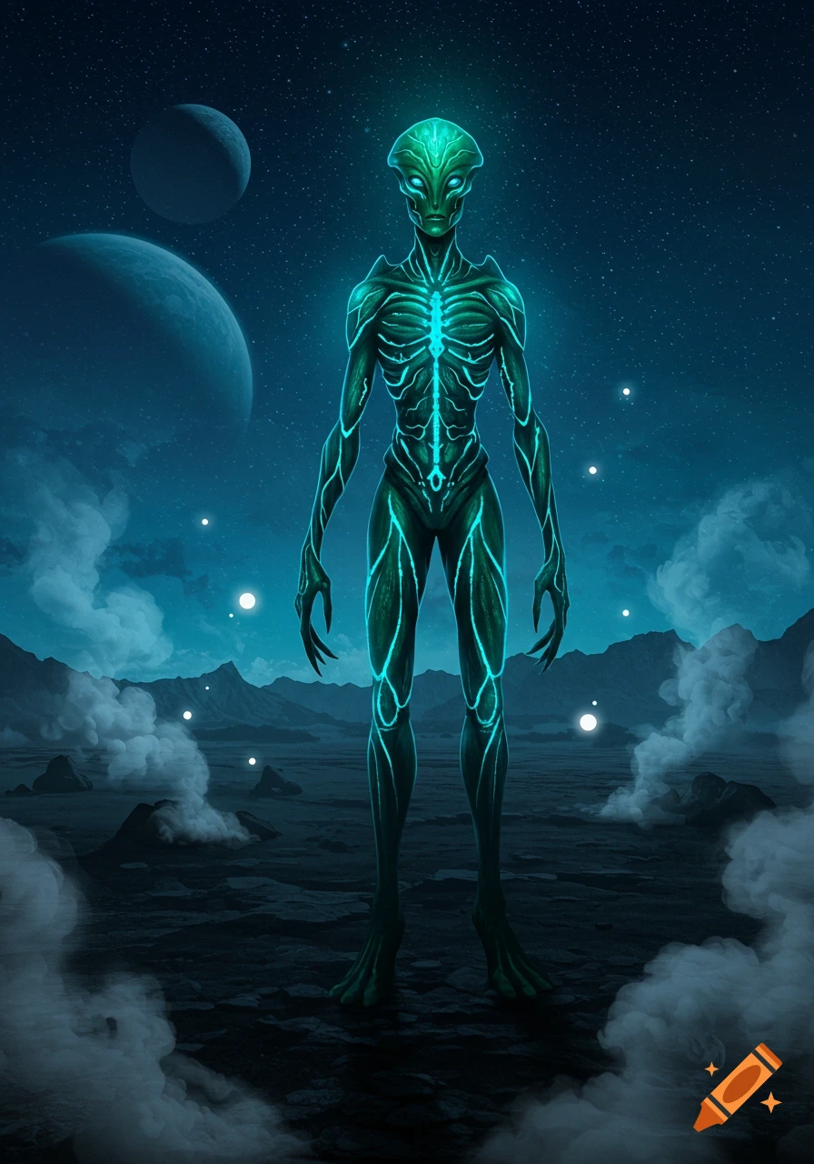 A glowing green alien with intricate patterns stands on a barren alien planet under a dark, starry sky with moons.