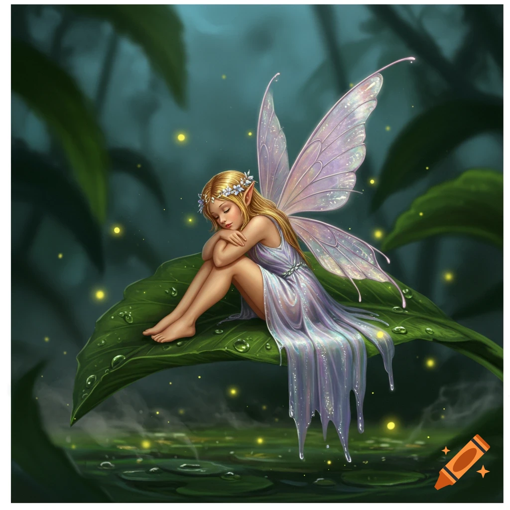 A blonde fairy with translucent wings sleeps curled on a large green leaf with dewdrops and glowing fireflies in a dark forest.