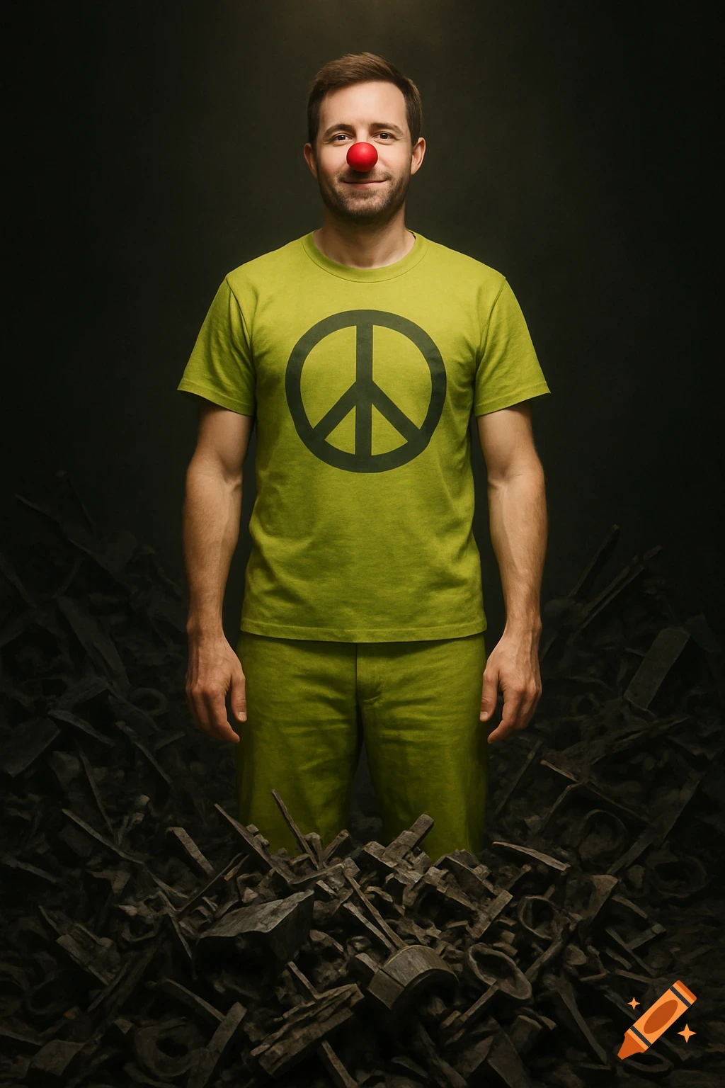 A photorealistic portrait of a man in a lime-green outfit with a peace symbol shirt and a red clown nose, standing amidst metallic debris.
