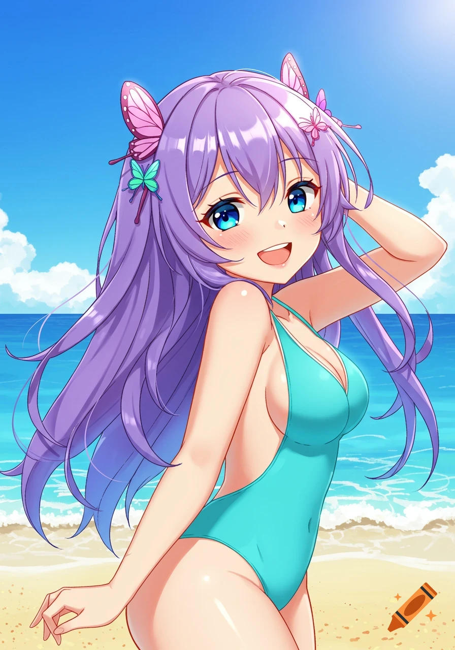A smiling anime girl with long purple hair and butterfly clips, wearing a turquoise swimsuit, stands on a sunny beach.