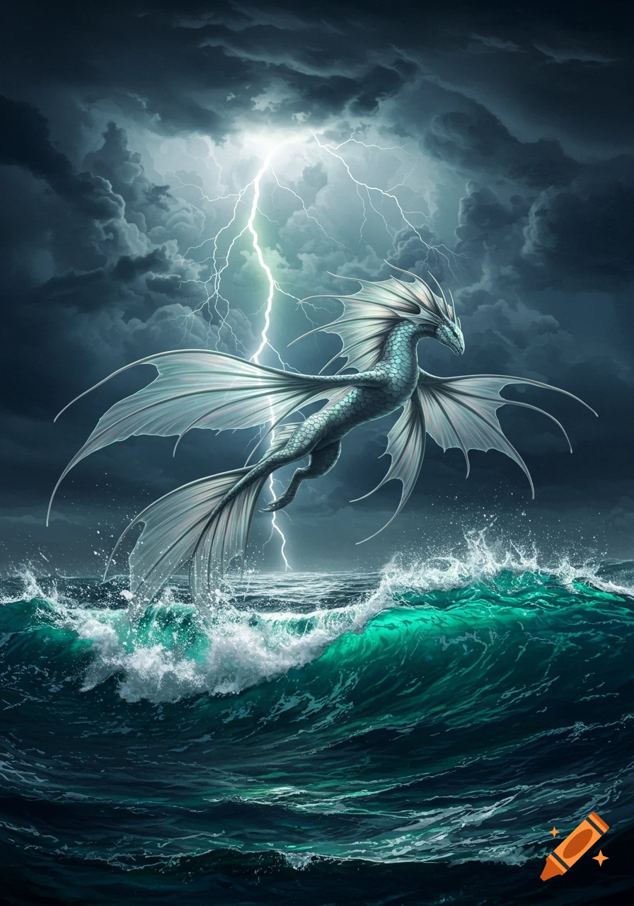 Majestic white-scaled sea dragon leaping from stormy teal waves under a dark sky with a bright lightning strike.