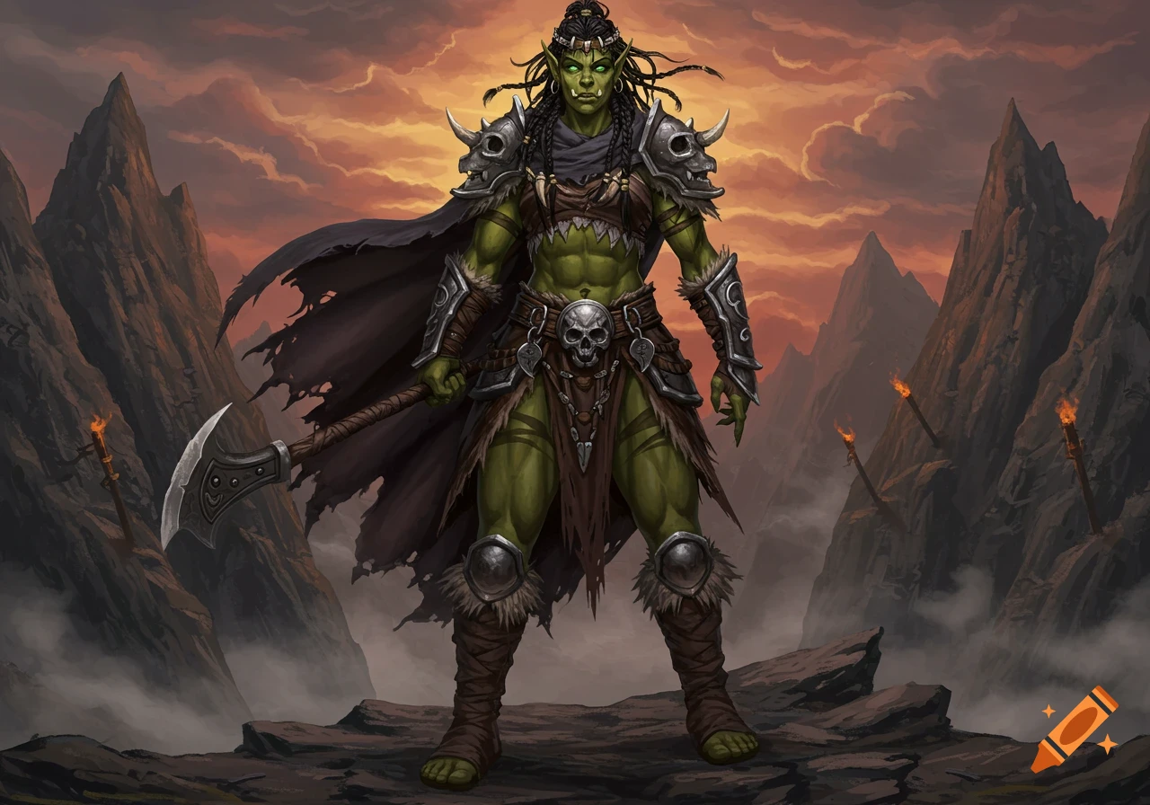 Green-skinned female orc warrior in spiked armor with an axe, standing on rocky terrain at sunset with mountains.