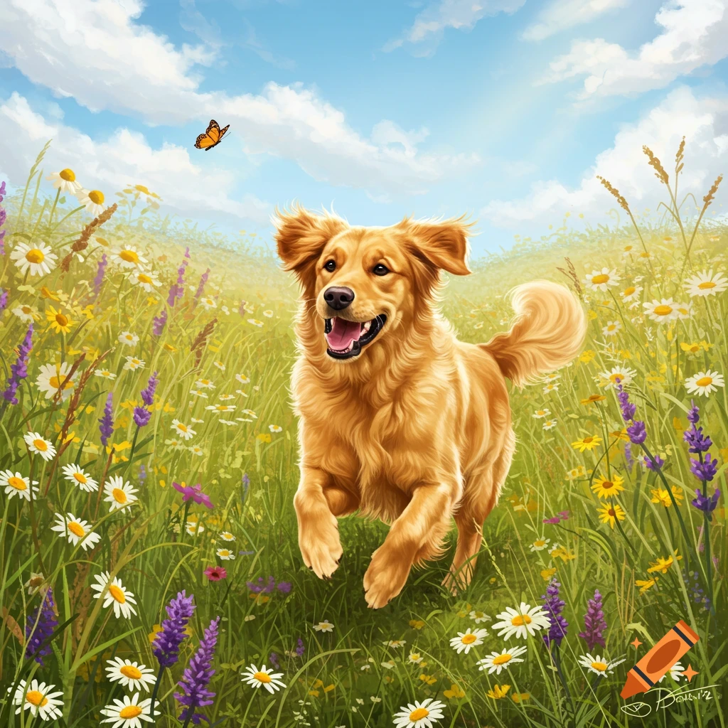 A happy golden retriever bounds through a vibrant field of wildflowers under a blue sky, with a butterfly nearby. Digital painting.