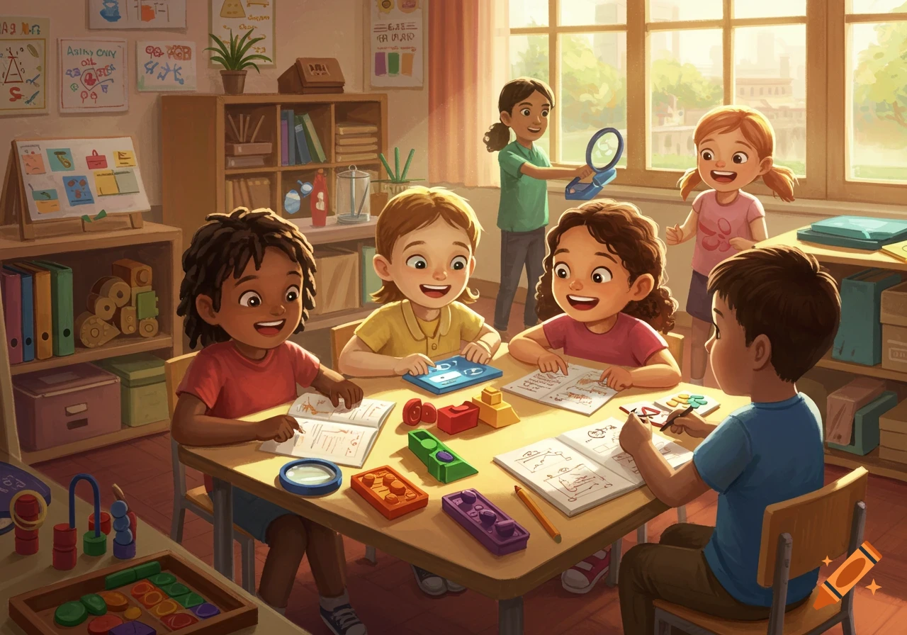 A group of diverse, happy children are studying and playing with educational toys in a brightly lit classroom, illustrated in a colorful cartoon style.