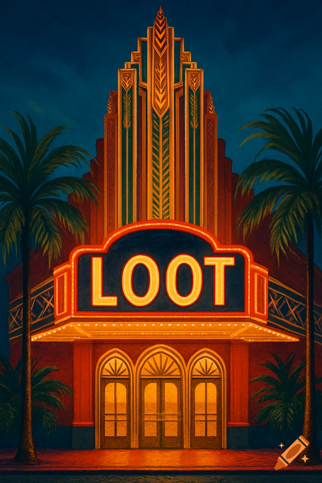 An illuminated Art Deco cinema with 'LOOT' on its marquee, flanked by palm trees at night.