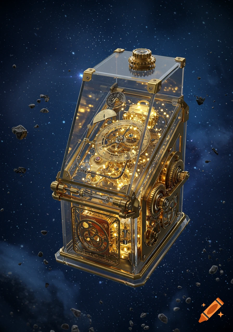 A glowing golden steampunk-style log pose, encased in clear glass with intricate gears, floats in dark space with asteroids.