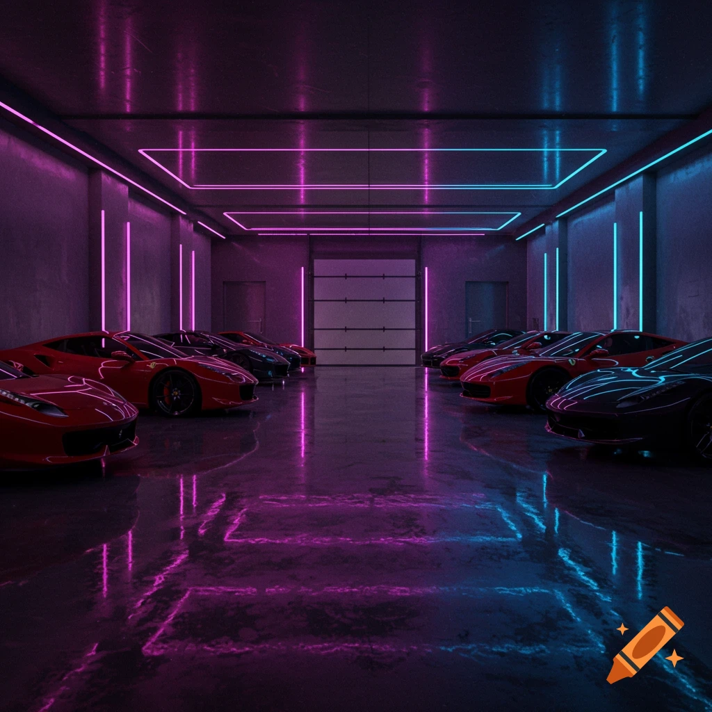 Multiple red and black Ferrari sports cars parked in a neon-lit, ultra-luxury underground garage with a glossy, reflective floor.