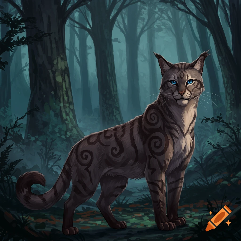 A stylized warrior cat with blue eyes and spiral markings stands in a dark, misty forest.