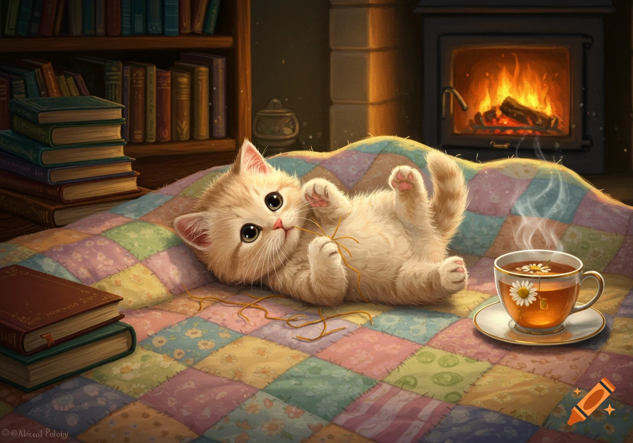 A fluffy kitten plays with string on a colorful quilt in a cozy room with books, a fireplace, and a steaming cup of tea, in an illustrated style.