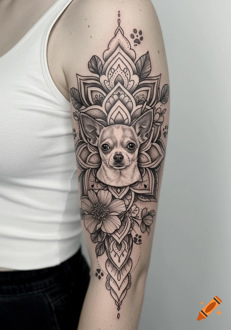 Detailed black and grey mandala tattoo on an arm featuring a chihuahua portrait, flowers, and paw prints.