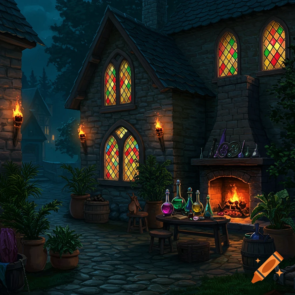 A dark fantasy wizard's workshop in a village at night, with a stone house, stained glass, a fireplace, and an alchemy table.