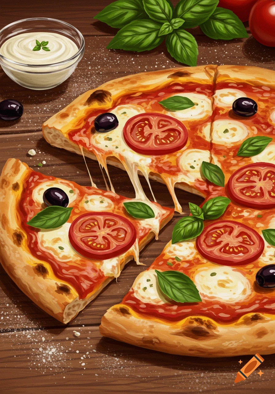 A close-up, top-down view of a delicious pizza with a slice being pulled, showing melted cheese, basil, tomatoes, and olives on a wooden table with a side of dipping sauce.
