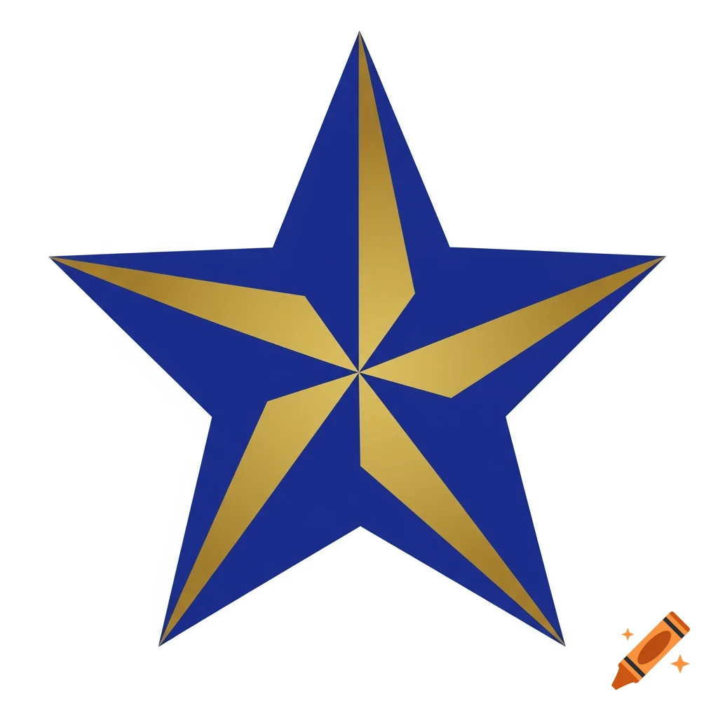 A blue five-pointed star with gold segments radiating from the center, creating a 3D effect.
