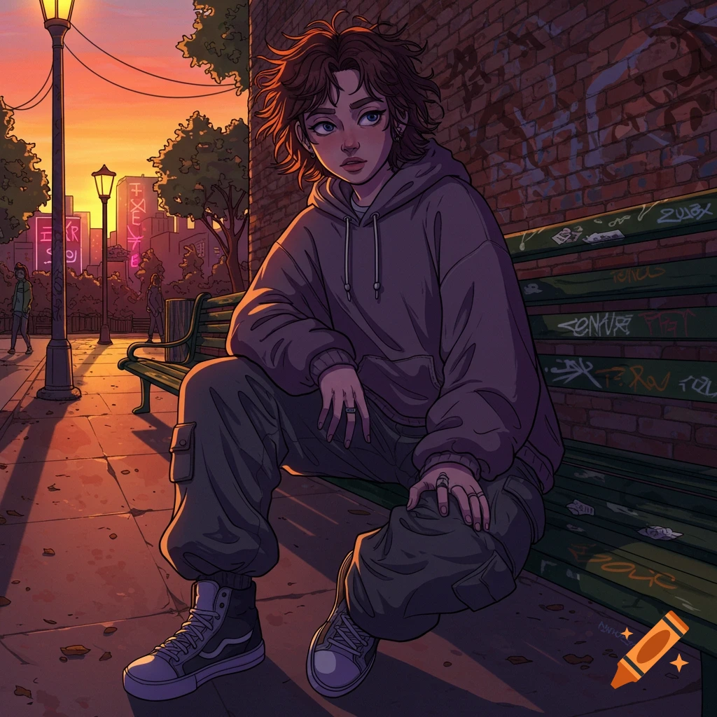 An anime-style teenage girl with short brown hair, wearing a gray hoodie and cargo pants, sits on a graffiti-covered park bench at sunset in an urban area.