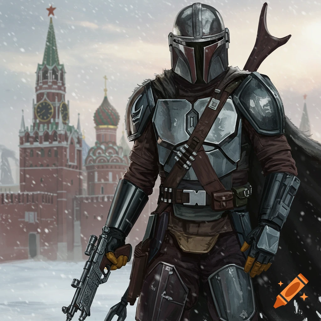 An armored Mandalorian stands with a rifle in falling snow, a Russian cathedral with a red star in the background. Digital illustration.