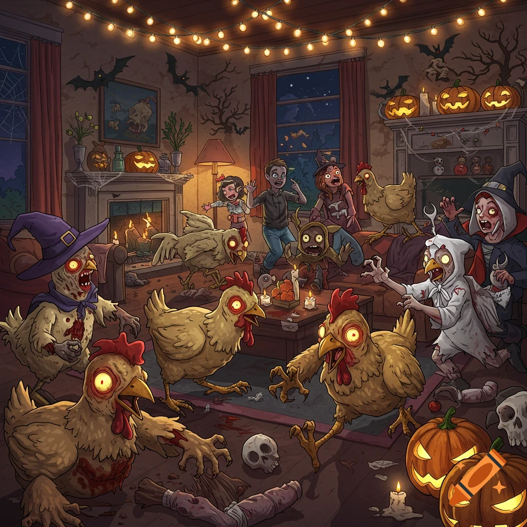 Zombie chickens attacking people at a Halloween party in a decorated living room, cartoon style.