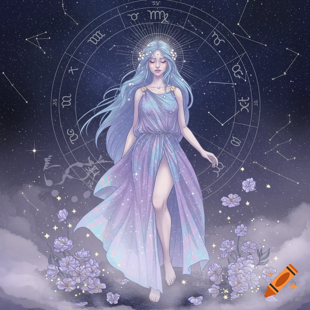 A celestial woman with flowing blue hair, wearing a sparkly purple dress, stands among flowers with a zodiac wheel in a starry night sky.