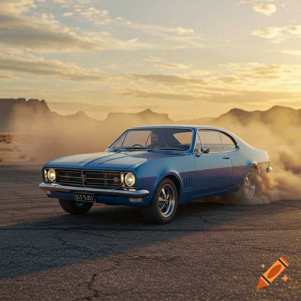A blue vintage muscle car does a burnout on a desert road at sunset, with a man driving.