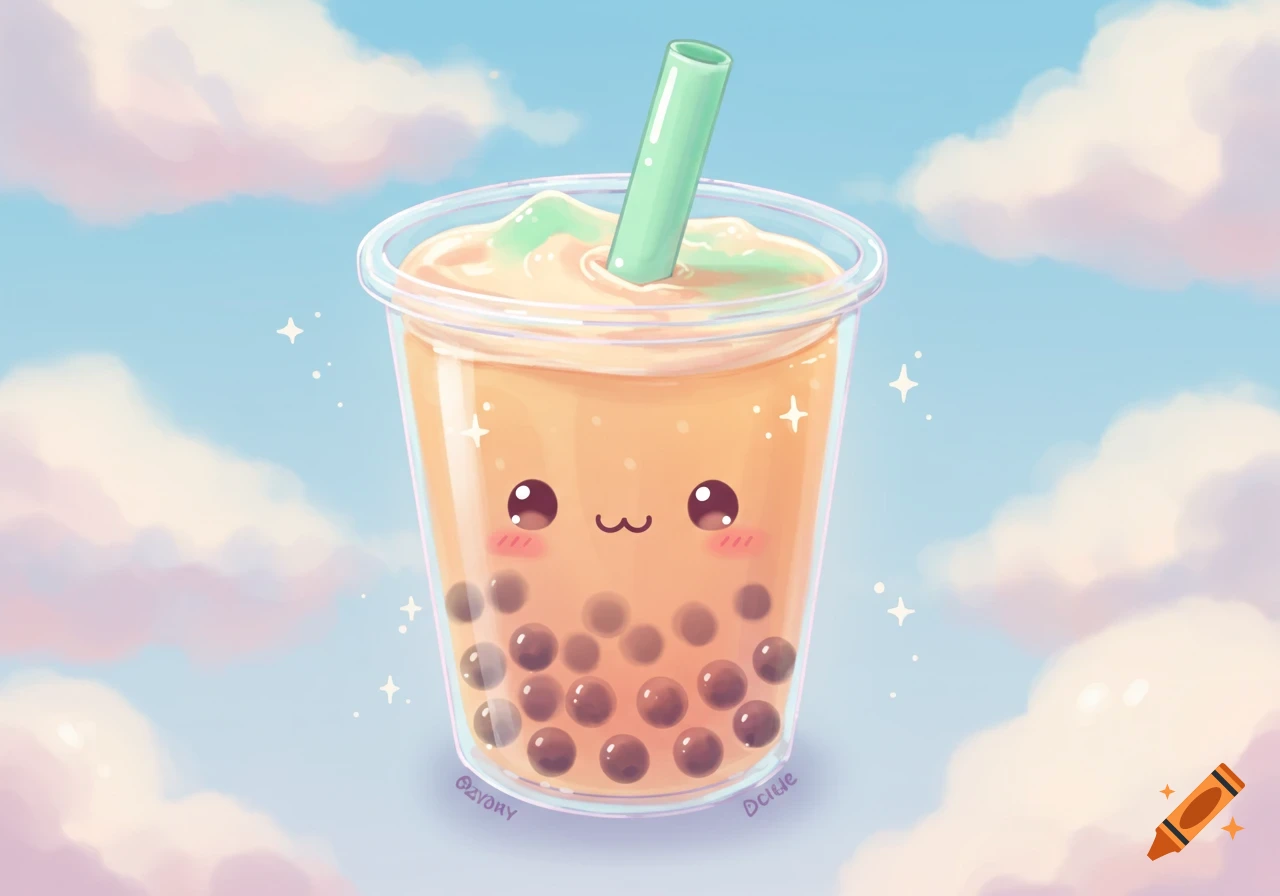 A cute, smiling bubble tea drink with boba pearls and a green straw floats among pastel clouds in a blue sky.