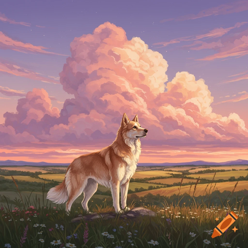 An illustrated dog stands in a field with wildflowers, looking at rolling hills under a vibrant sunset sky with large pink clouds.