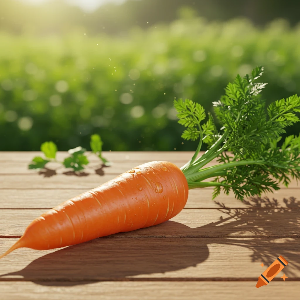 A fresh orange carrot with green leafy tops and water droplets rests on a wooden table, with a blurred sunny green field in the background.